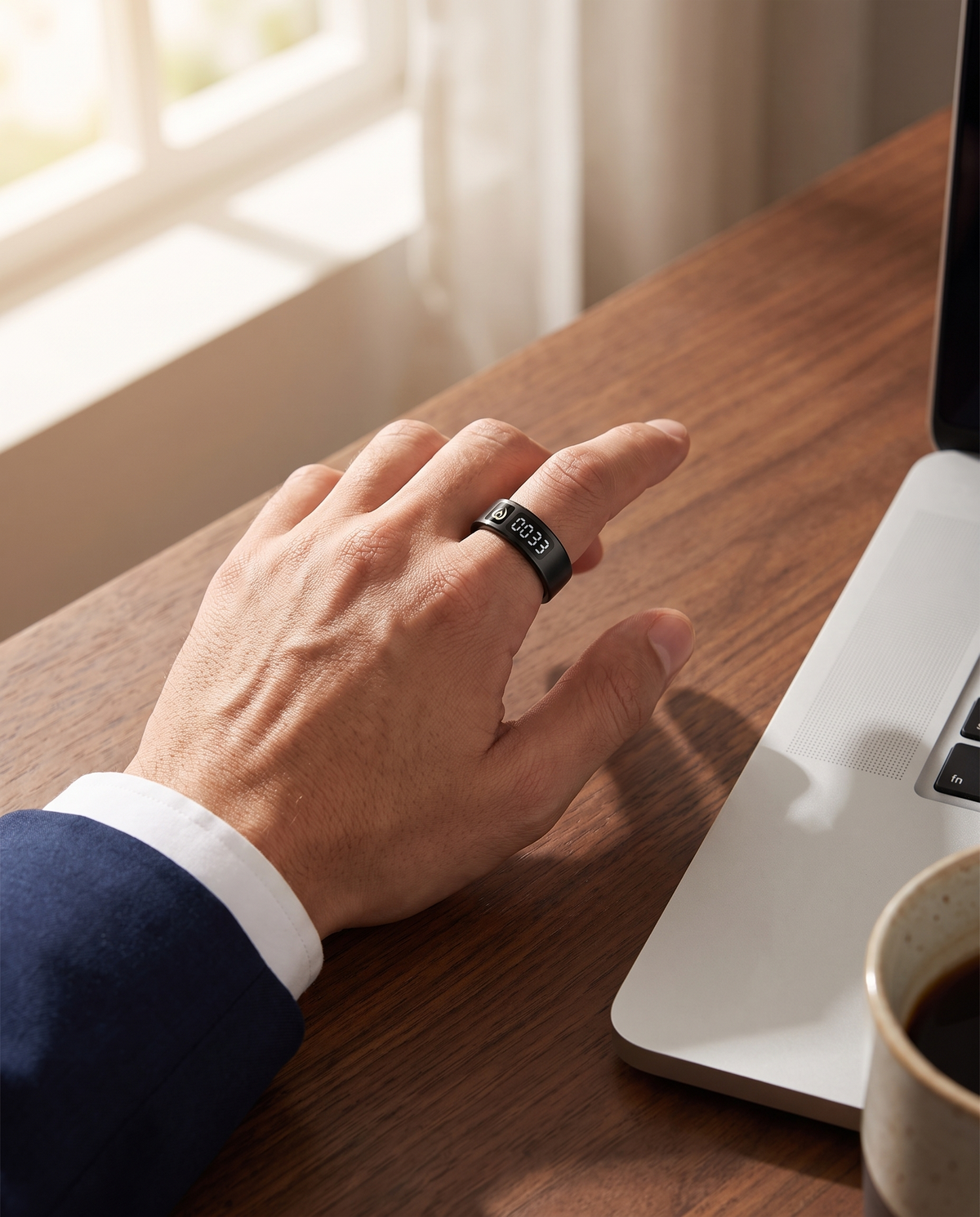 Man in a suit wearing the black Al Rayan dhikr ring at his desk