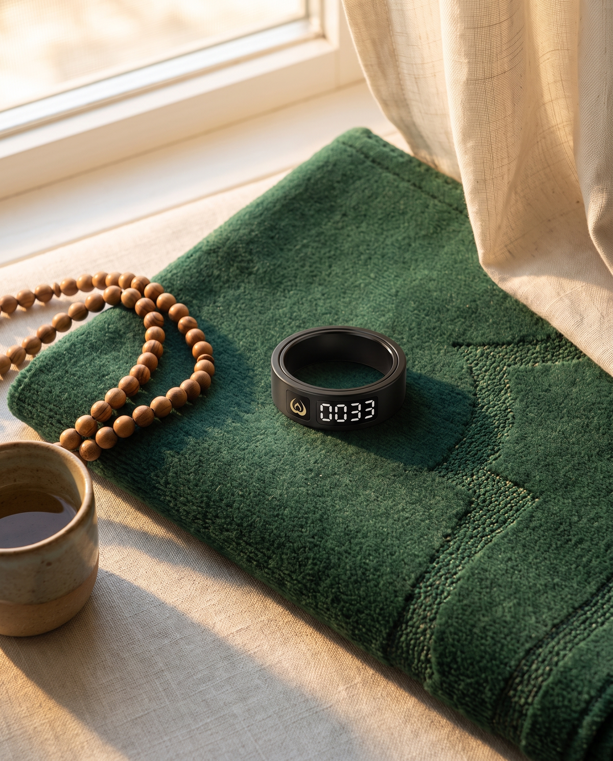 Black Al Rayan dhikr ring on a green prayer mat beside wooden prayer beads